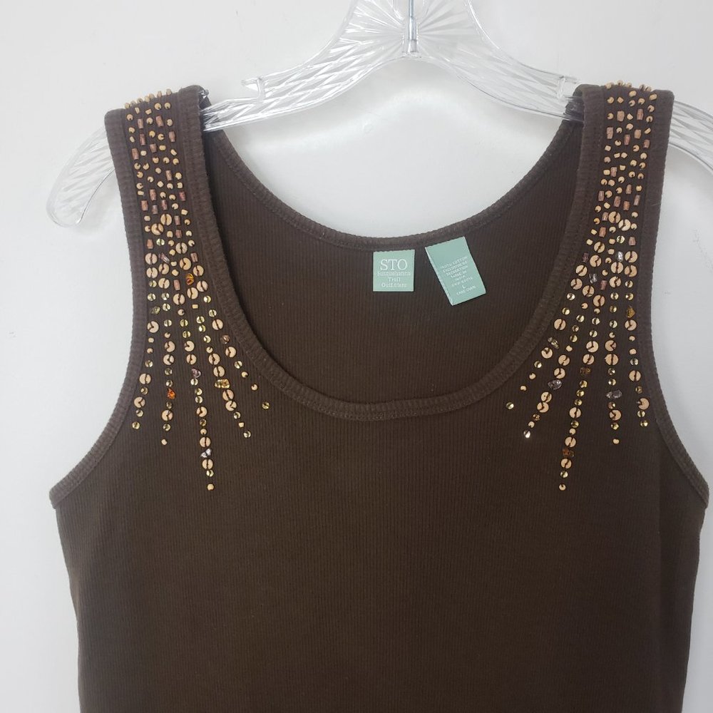STO Women's Chocolate Sequined Scoop Neck Cotton Shell Shirt Blouse Tank Top - Picture 2 of 11